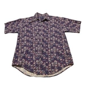 Mens American Blue Button Up Shirt Large Blue Geometric Abstract Cotton‎ USA